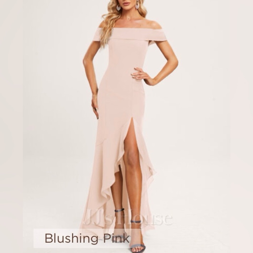 JJs House Blushing Pink Off-Shoulder High Low Dress